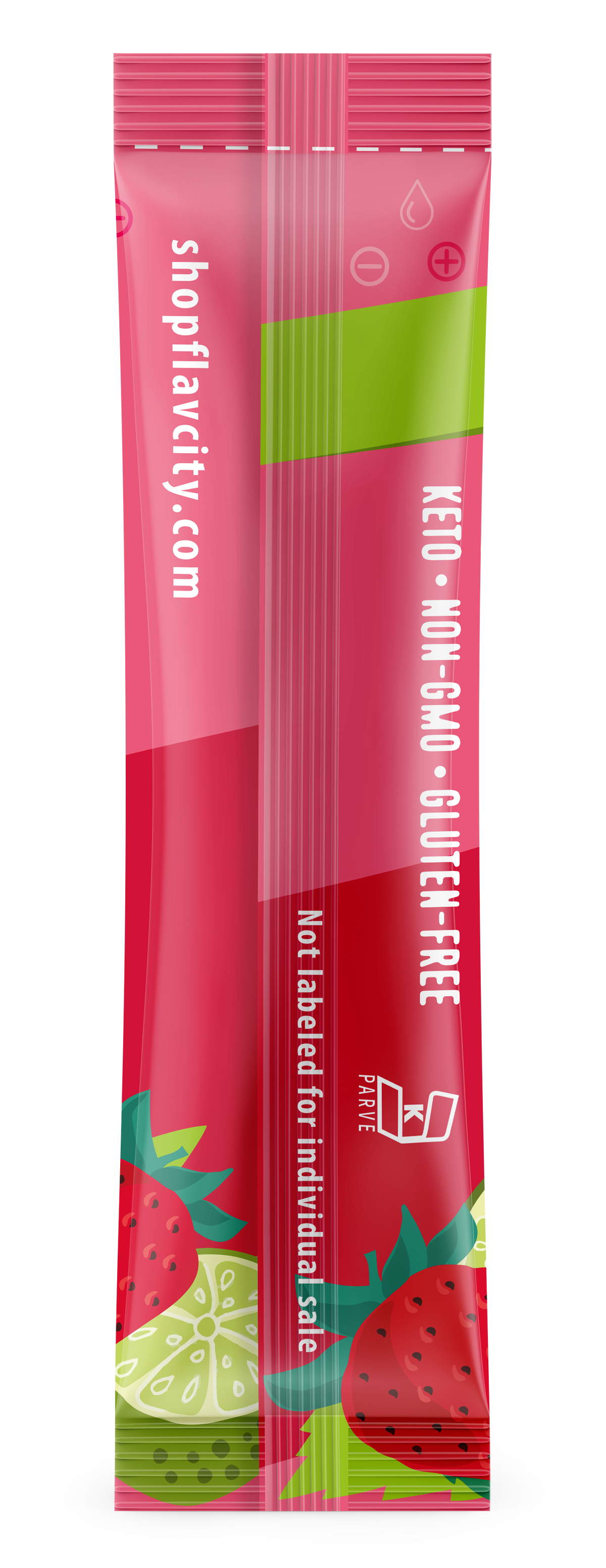 FlavCity Strawberry Limeade electrolyte drink mix packet featuring real fruit, on-the-go stick, pink and green packaging with fresh strawberry and lime illustrations - back of the stick package