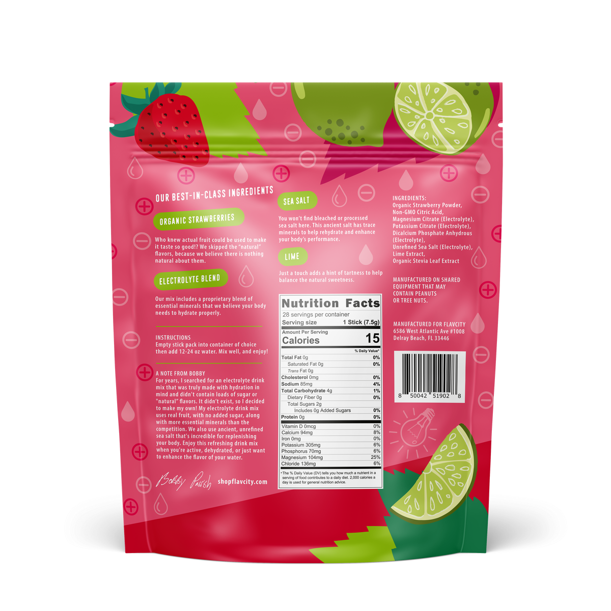 Back of the FlavCity Strawberry Limeade Electrolyte Drink Mix bag in pink and green tones. The design includes detailed ingredient descriptions such as organic strawberries, sea salt, lime, and a proprietary electrolyte blend, along with nutrition facts, a barcode, and illustrations of strawberries, lime slices, and water droplets.