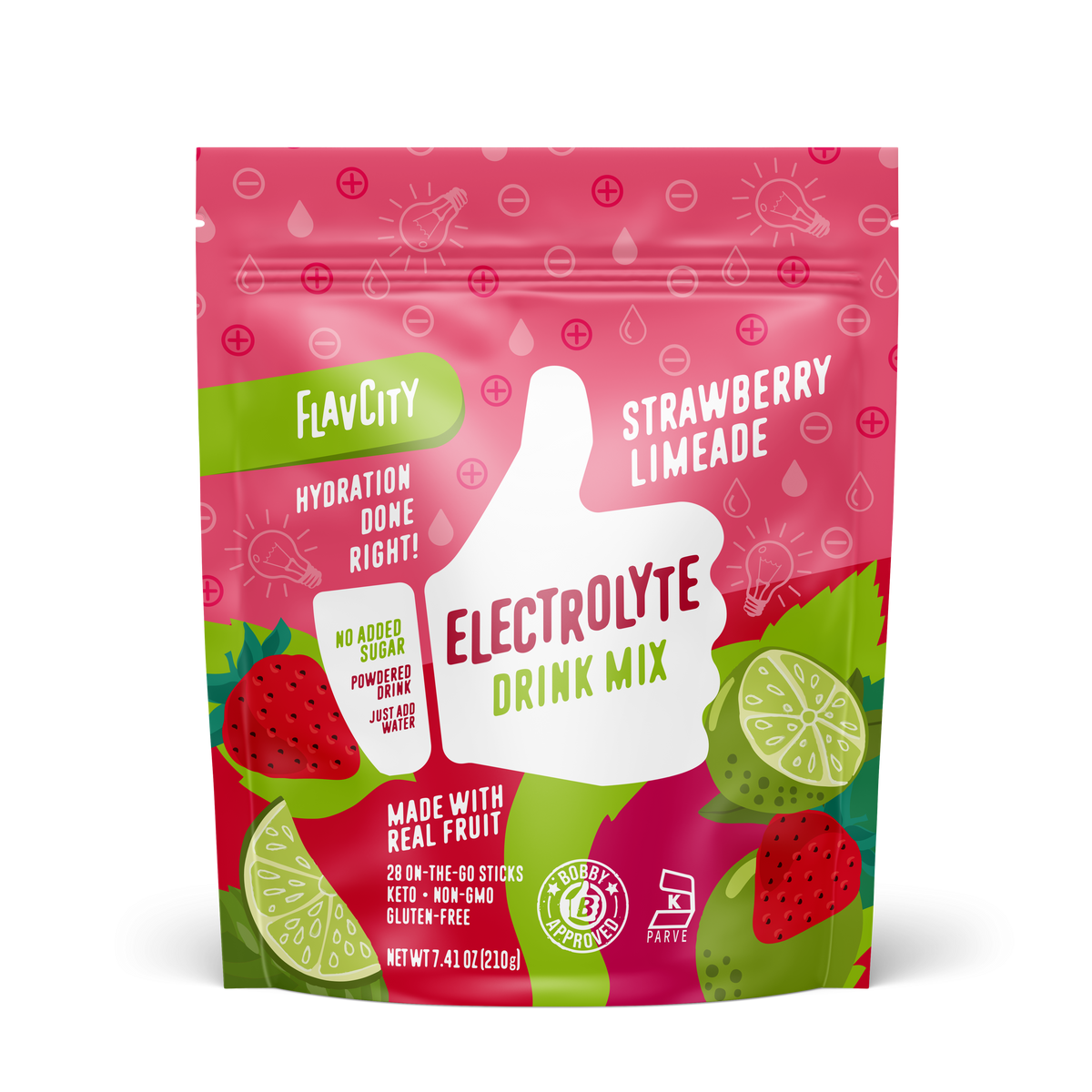 FlavCity Strawberry Limeade Electrolyte Drink Mix in a resealable pink and green bag. The design features a white thumb-up graphic and text promoting 'Hydration done right,' 'No added sugar,' 'Made with real fruit,' and 'Bobby Approved,' with illustrations of strawberries, lime slices, and water droplets.