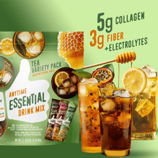 Tea anytime essentials variety pack with lemon black tea, passion fruit black tea, and honey and ginseng green tea on an orange background.