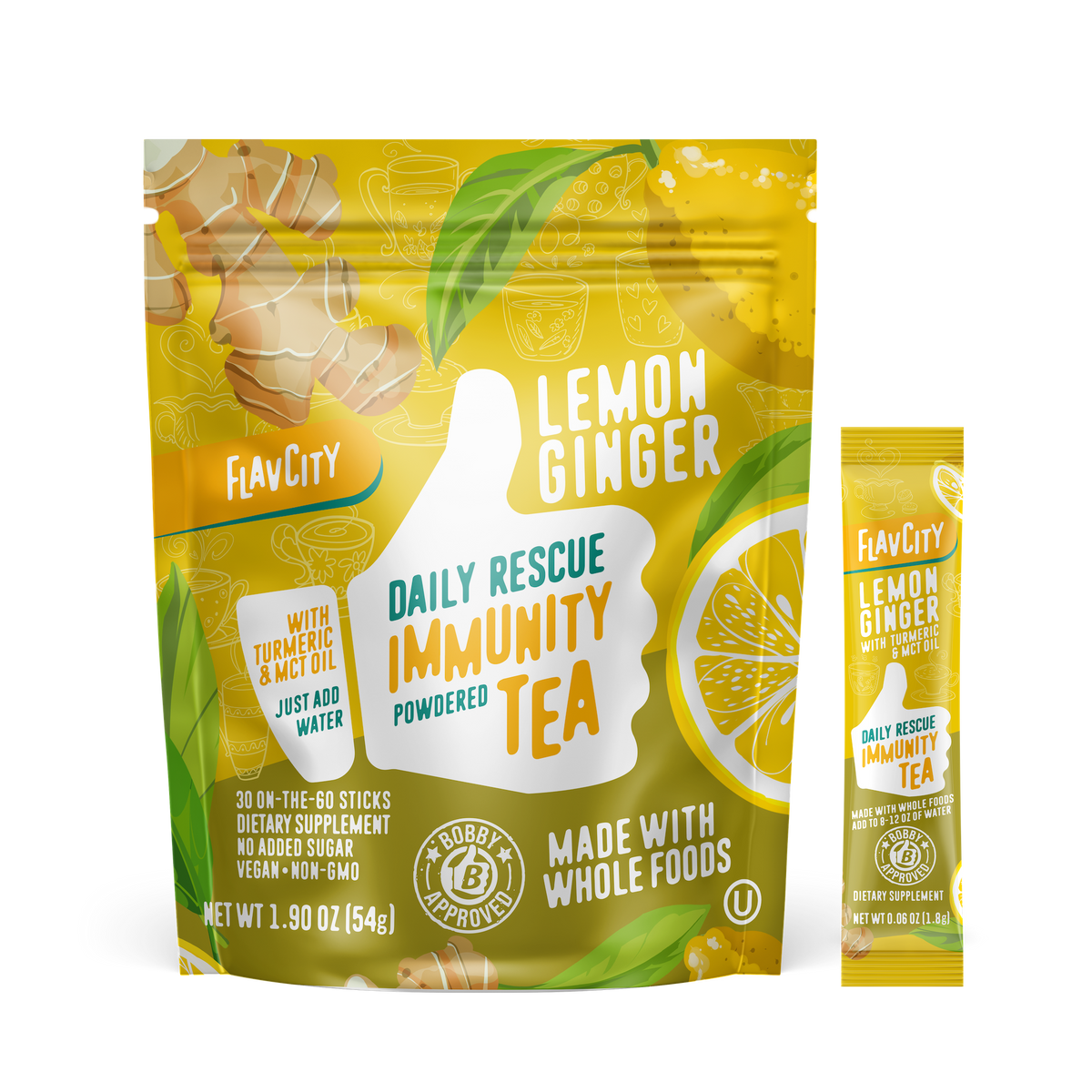 FlavCity Daily Rescue Immunity Tea package in yellow and green featuring lemon ginger flavor with turmeric and MCT oil. Contains 30 powdered tea sticks, vegan, non-GMO, no added sugar. Package shows illustrations of ginger root, lemon slices, and tea cups. Bobby approved seal visible. Net weight 1.90 oz (54g). Single serving stick packet shown next to main package.