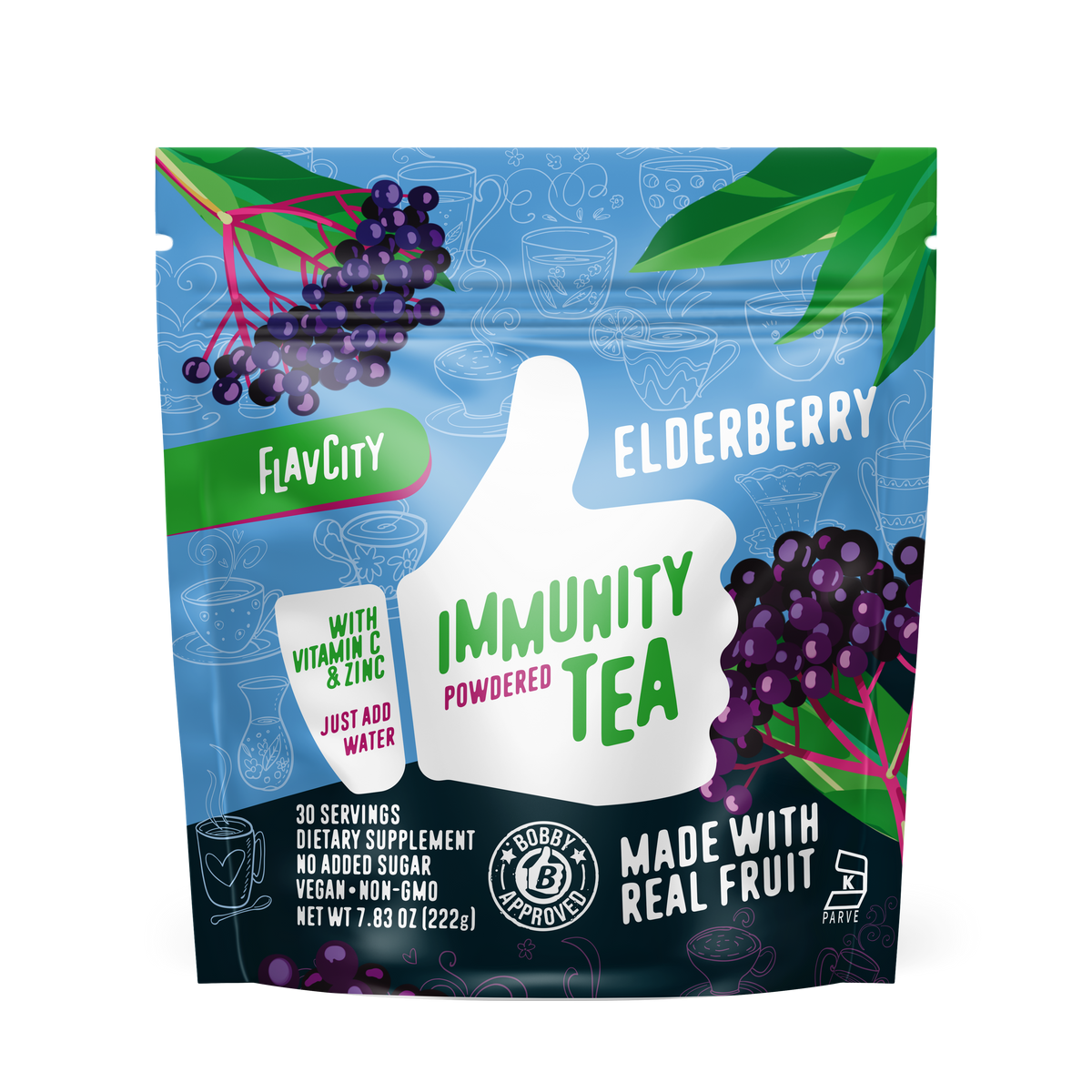 A bag of 'Elderberry' flavored immunity tea, featuring a blue design with elderberries on the front.