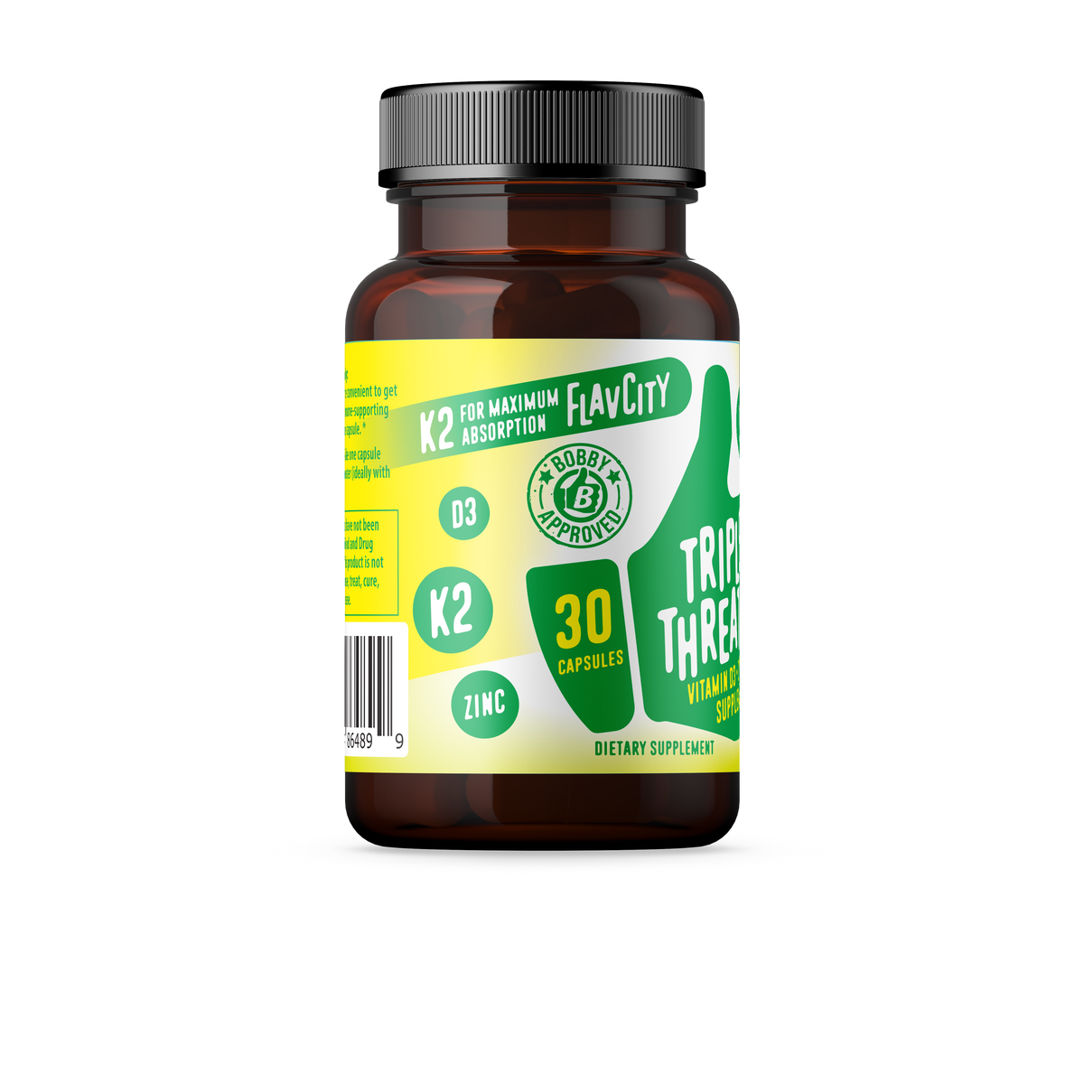 Side view of a bottle of 'Triple Threat' supplement capsules, displayed with a modern label design that promotes its multi-functional health benefits.