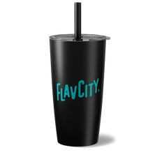 Black tumbler with 'FLAVCITY' logo on a white background