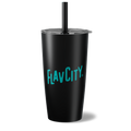 Black tumbler with 'FLAVCITY' logo on a white background