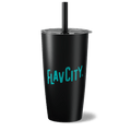 Black tumbler with 'FLAVCITY' logo on a white background