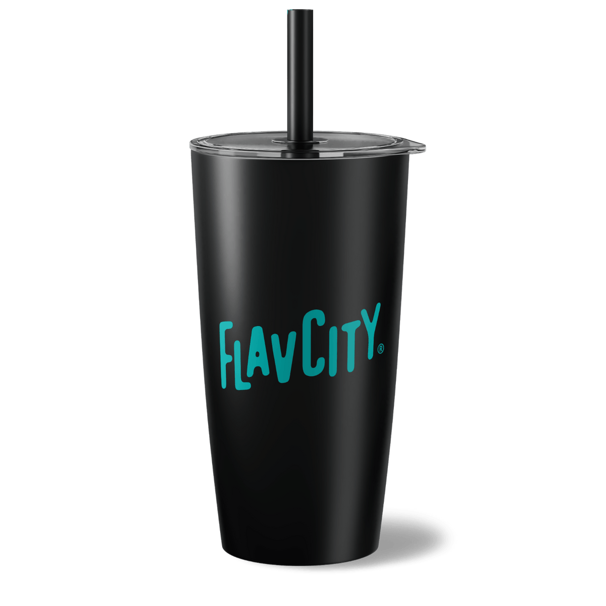 Black tumbler with 'FLAVCITY' logo on a white background