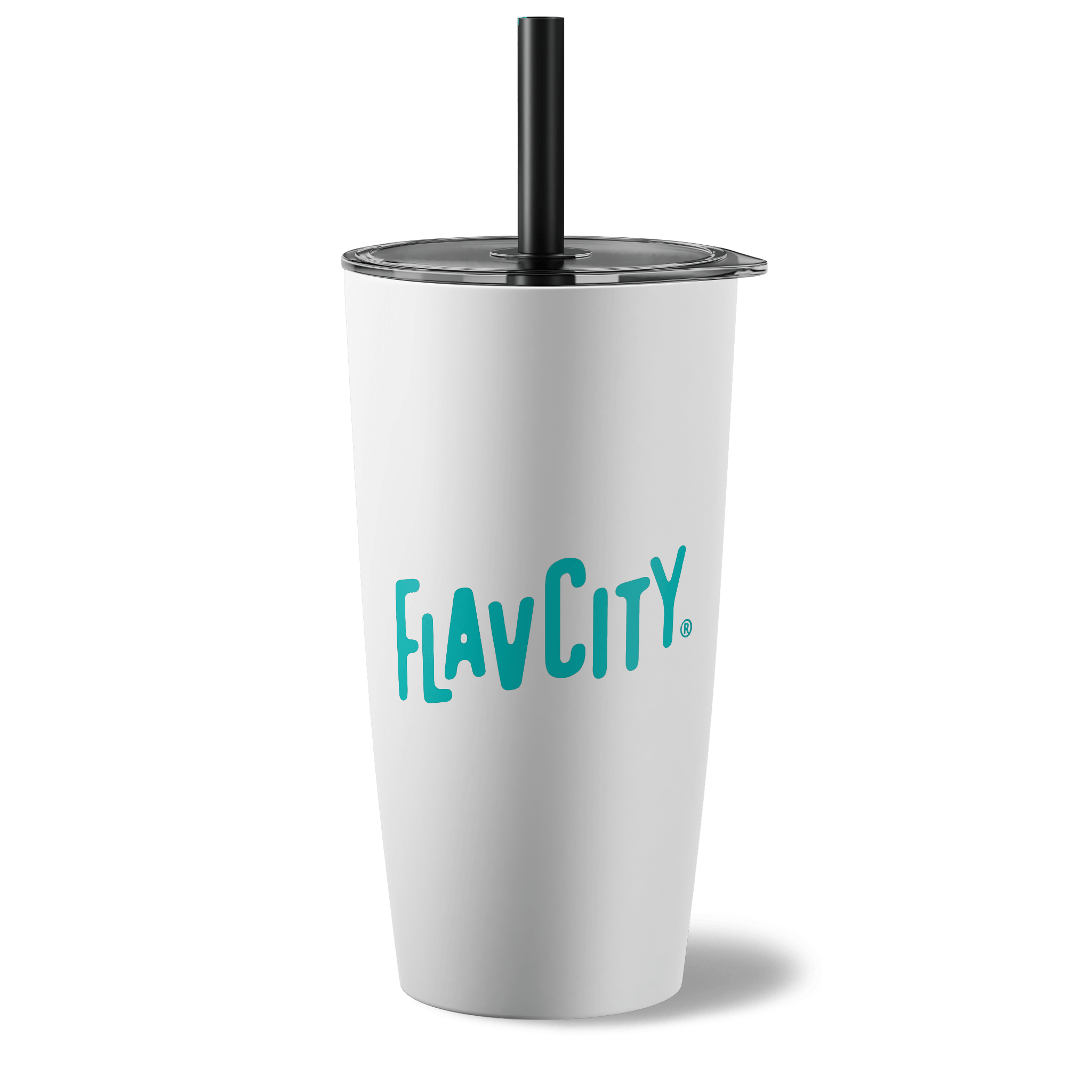 White tumbler with 'FLAVCITY' logo on a white background
