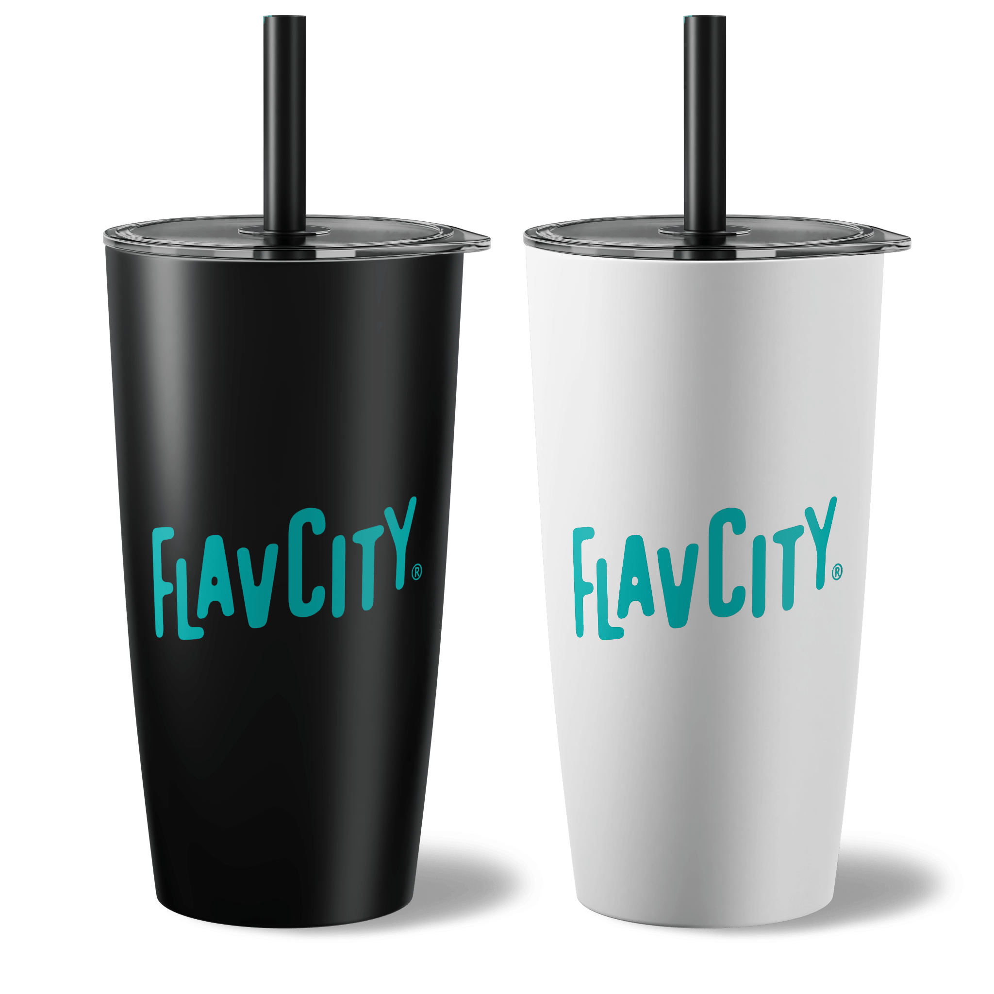 Two tumblers, one black and one white, with 'FLAV CITY' branding on a white background.