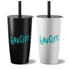 Two tumblers, one black and one white, with 'FLAV CITY' branding on a white background.