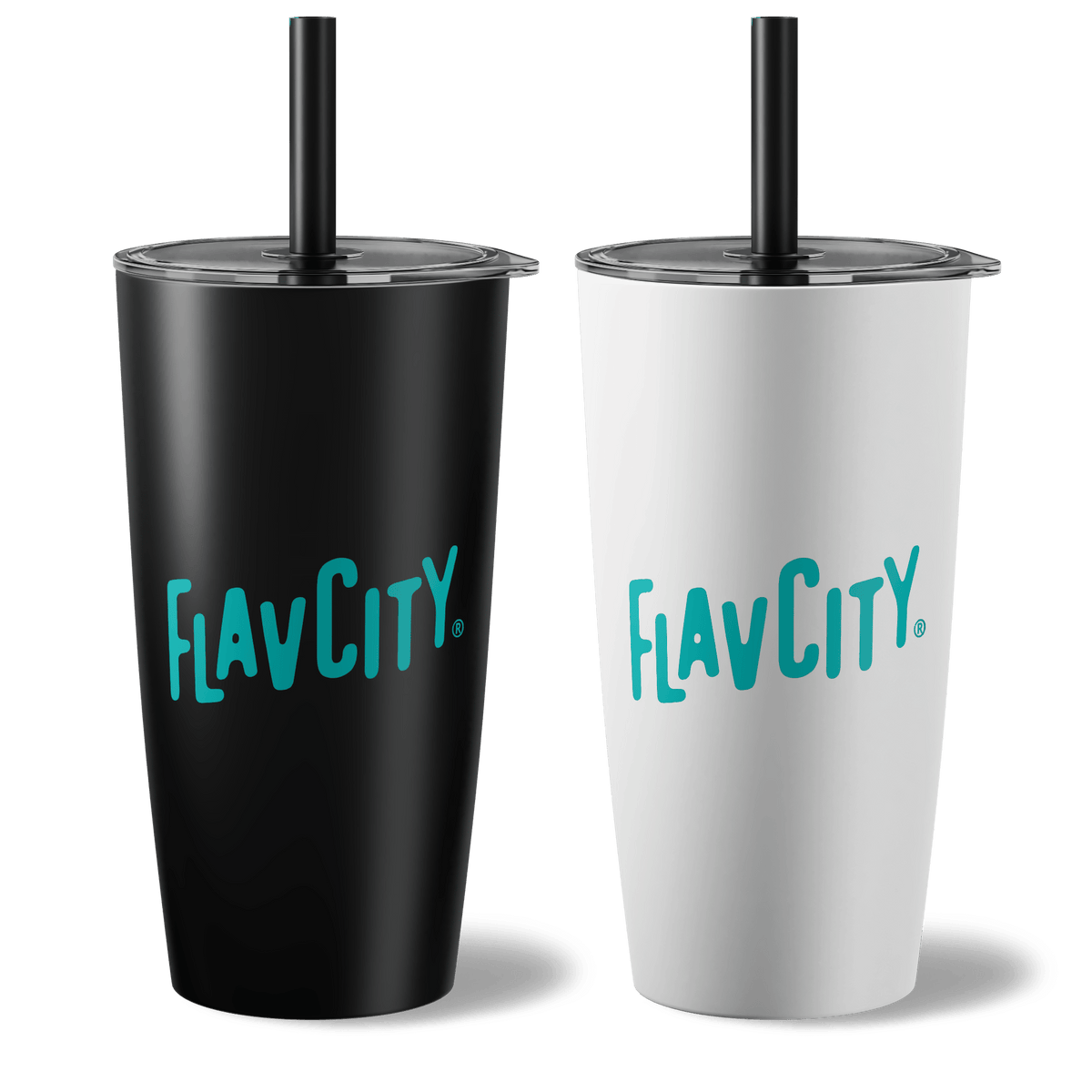 Two tumblers, one black and one white, with 'FLAV CITY' branding on a white background.