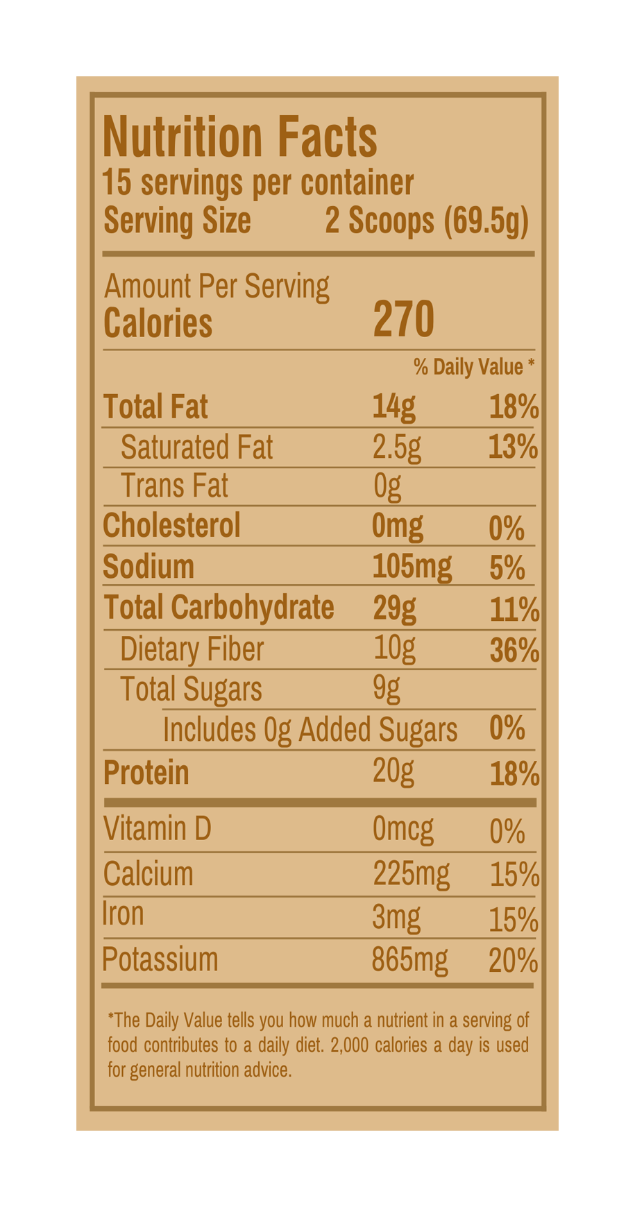 Close up of the nutrition facts for the 'Plant-Based Chocolate Peanut Butter Protein Smoothie' bag.