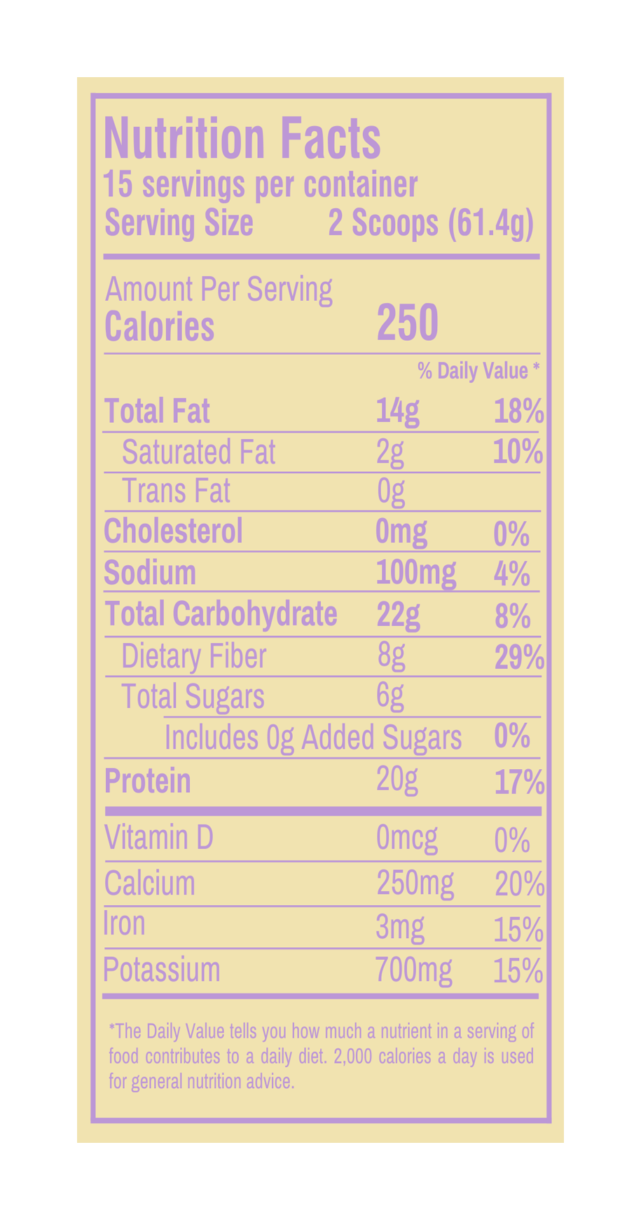 Plant-Based Vanilla Protein Smoothie Nutrition Facts label with detailed nutritional information.