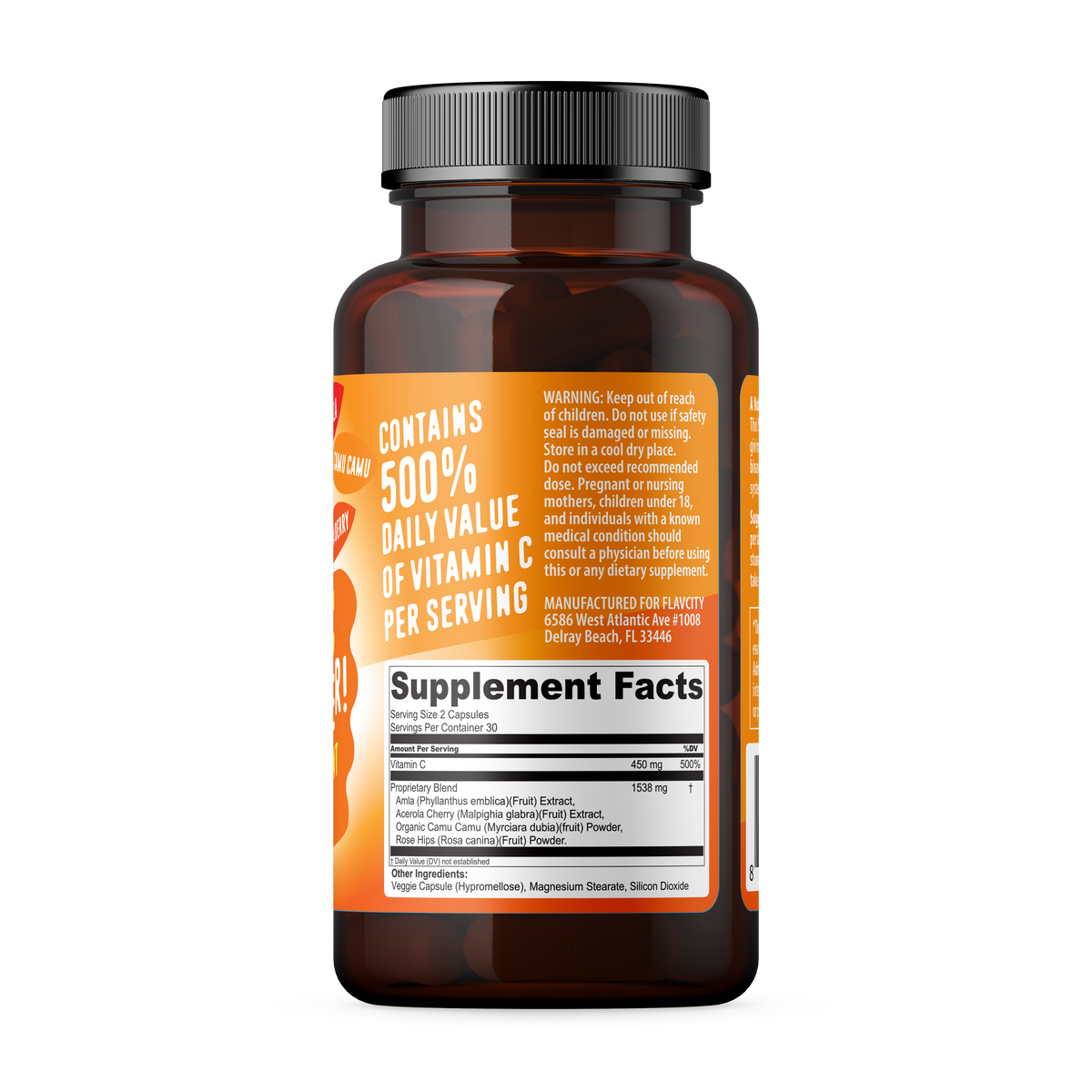 C-Ya Later! Vitamin C supplement bottle showcasing product details and supplement facts.