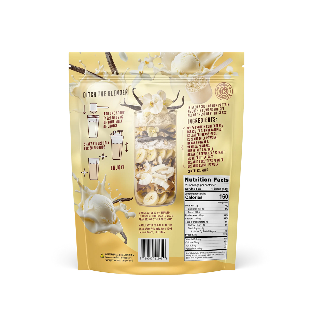 Back of a Shop FlavCity Vanilla Cream Protein Smoothie pouch with all-in-one prep instructions, clear window revealing powder and cereal, ingredients, nutrition facts, plus vanilla flowers and ice cream illustrations on a yellow background.
