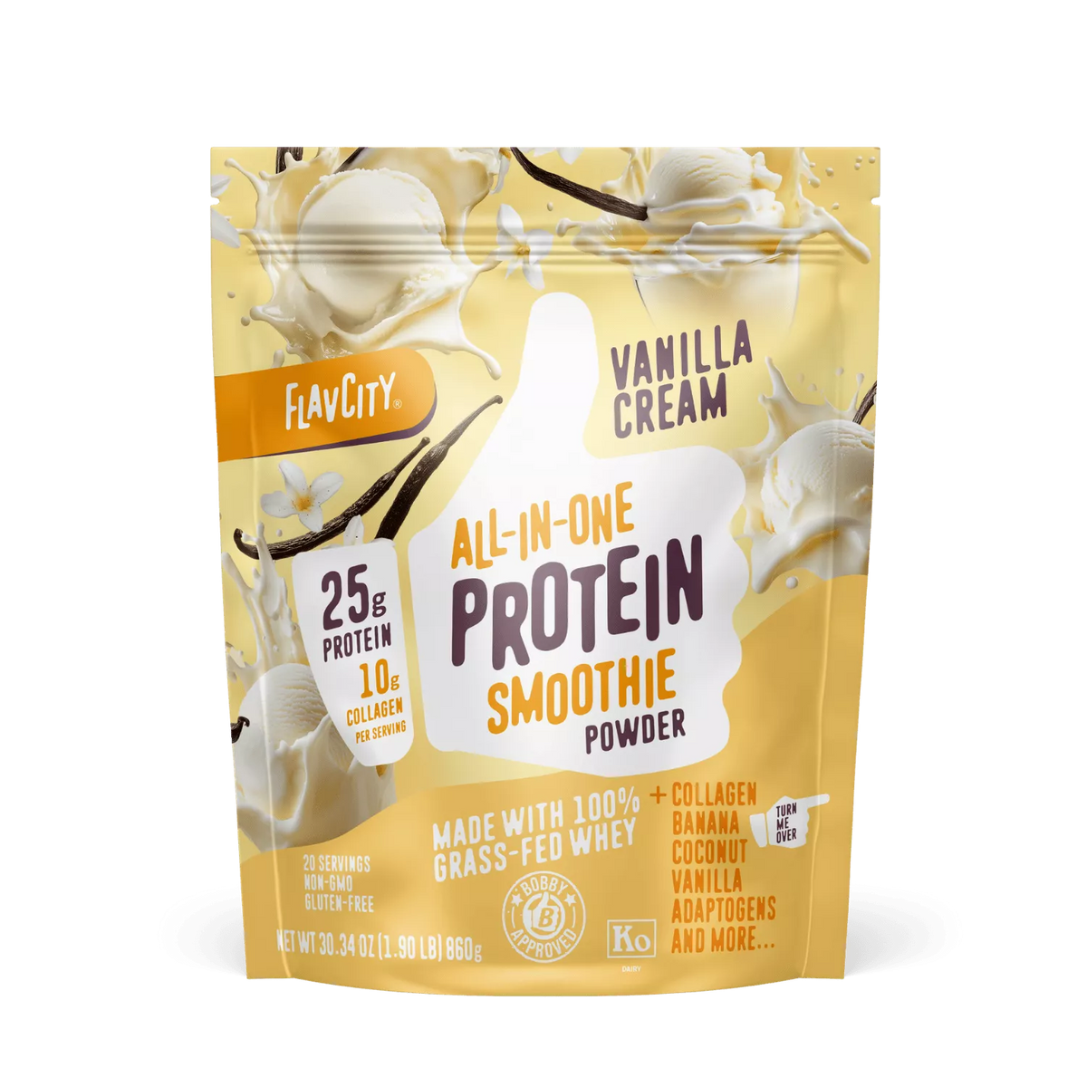 A yellow and cream pouch of Shop FlavCity Vanilla Cream Protein Smoothie, highlighting 25g protein, 10g collagen, banana, coconut, and vanilla, with images of vanilla flowers and ice cream on the packaging.