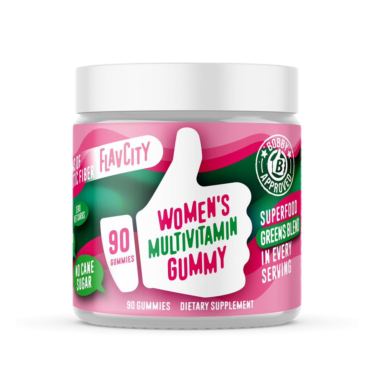 FlavCity Women’s Multivitamin Gummy in a white jar with a pink and green design. The label features a white thumb-up graphic and text promoting '90 gummies,' 'Superfood greens blend in every serving,' 90 gummies.