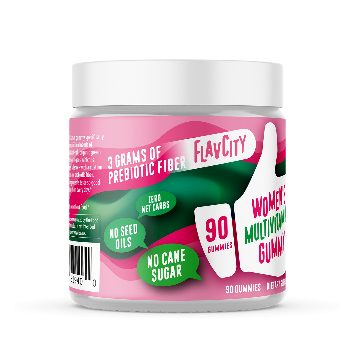 Side of the FlavCity Women’s Multivitamin Gummy jar with pink and green design elements. Highlights include '3 grams of prebiotic fiber,' 'Zero net carbs,' 'No seed oils,' and 'No cane sugar.'