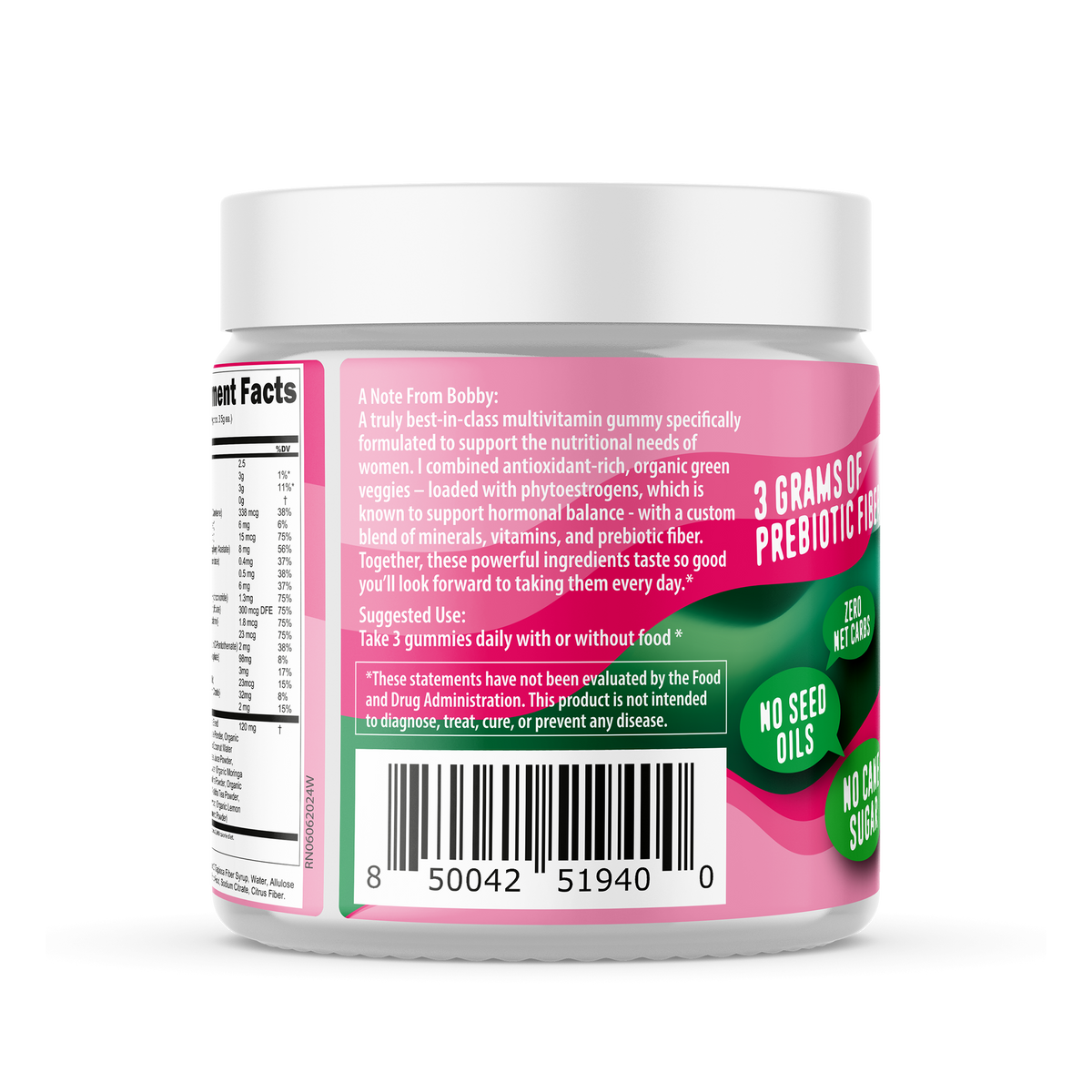 Back of the FlavCity Women’s Multivitamin Gummy jar in a pink and green design. Features include a note from Bobby explaining the product’s formulation with organic green veggies, phytoestrogens, vitamins, and prebiotic fiber. The label also includes suggested usage instructions ('Take 3 gummies daily with or without food') and a disclaimer about FDA evaluation. A barcode is prominently displayed at the bottom.