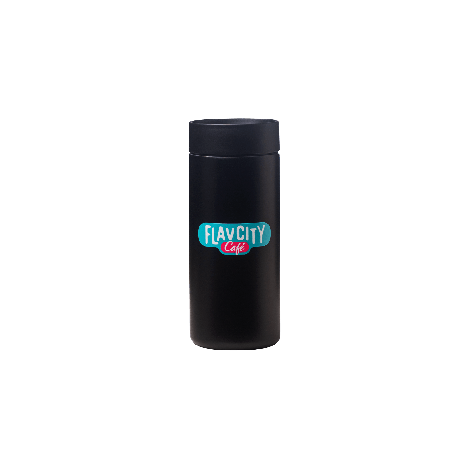 The Hot Tumbler by FlavCity Cafe is a black stainless steel tumbler with a lid, featuring a blue and pink FlavCity Cafe logo on the front—ideal for stylish hydration on the go.