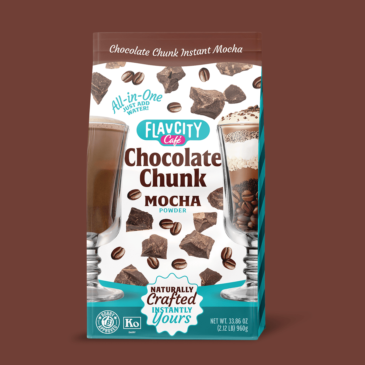 Flavacity Cafe Chocolate Chunk Mocha instant coffee package on a white background