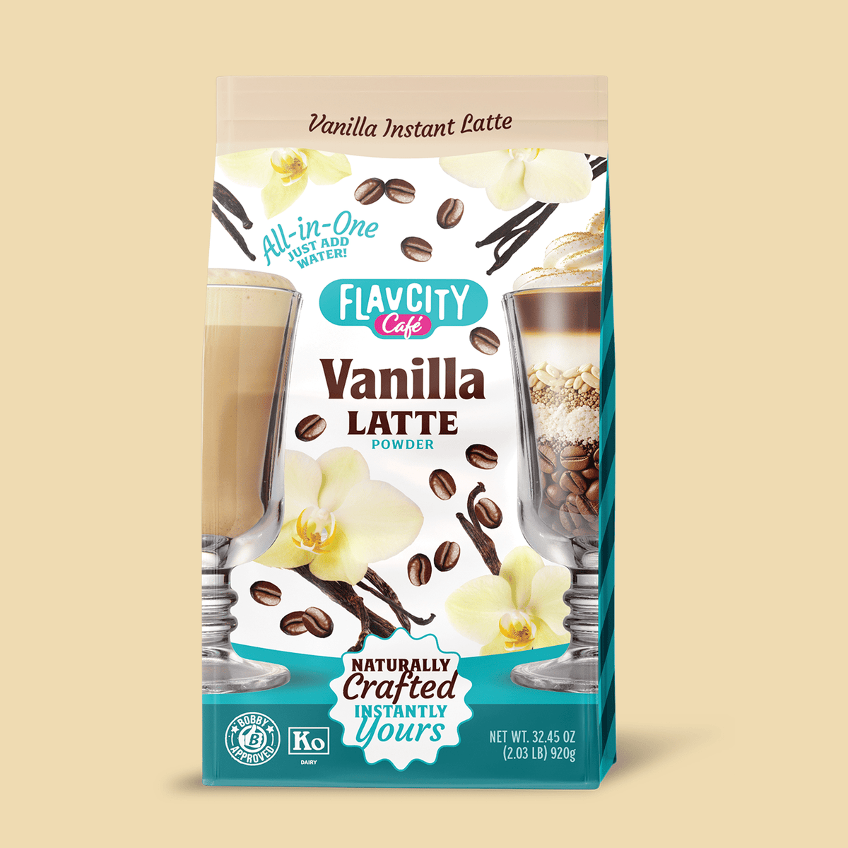 Flavacity Cafe Vanilla Latte powder packaging on a white background