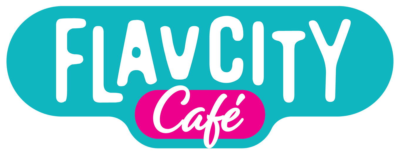 Logo with the words FLAVCITY in bold white letters on a teal background, and Café in white cursive text on a pink oval shape below the main text.