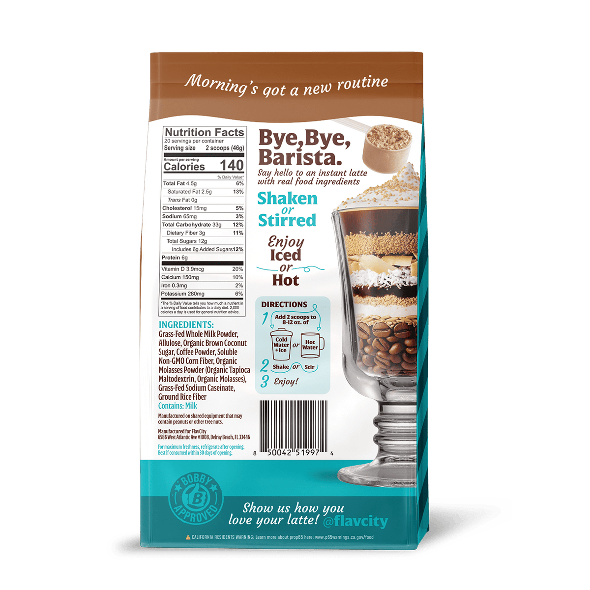 Back of FlavCity Cafe Brown Sugar Latte packaging with text and images on a white background