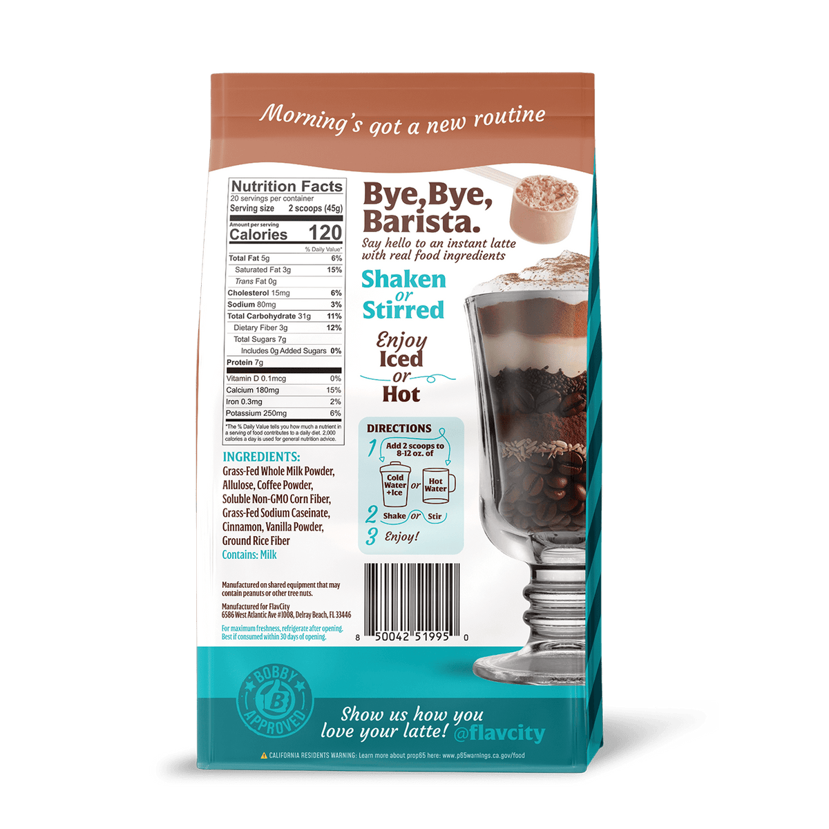 FlavCity Cinnamon Dolce Latte back of bag with text and images of a latte, nutrition facts, and ingredients.