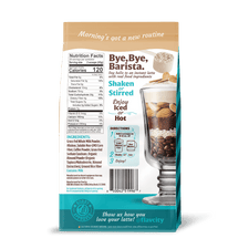 Back of FlavCity Cafe Sweet Almond Drop  Latte product packaging with text and images on a white background