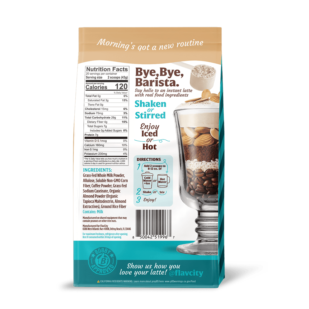 Back of FlavCity Cafe Sweet Almond Drop  Latte product packaging with text and images on a white background