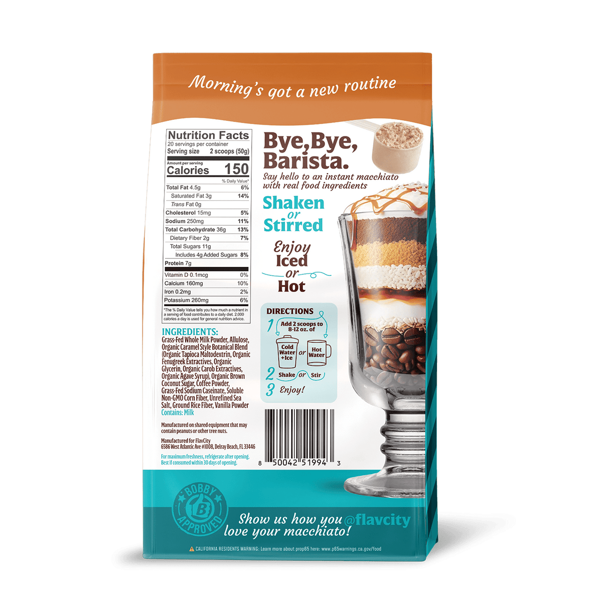 Back of the Package of Flavcity Salted Caramel Macchiato product with nutritional information and ingredients listed