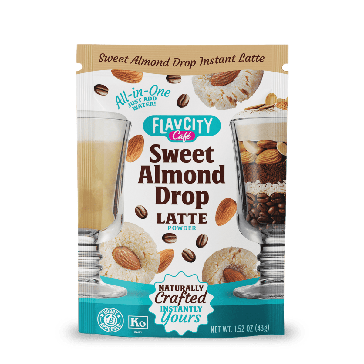 Front of a FlavCity Cafe Latte Variety Pack shows latte glasses, almonds, coffee beans, and cookies. Text highlights “All-in-One, Just Add Water!”—offering indulgent single-serve lattes in the FlavCity Cafe Latte Variety Pack.