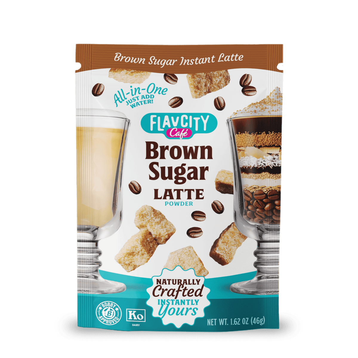 A packet from the FlavCity Cafe Latte Variety Pack features images of lattes, brown sugar cubes, coffee beans, and parfaits, with packaging that states “All-in-One, Just Add Water!” and “Naturally Crafted Instantly Yours.”.