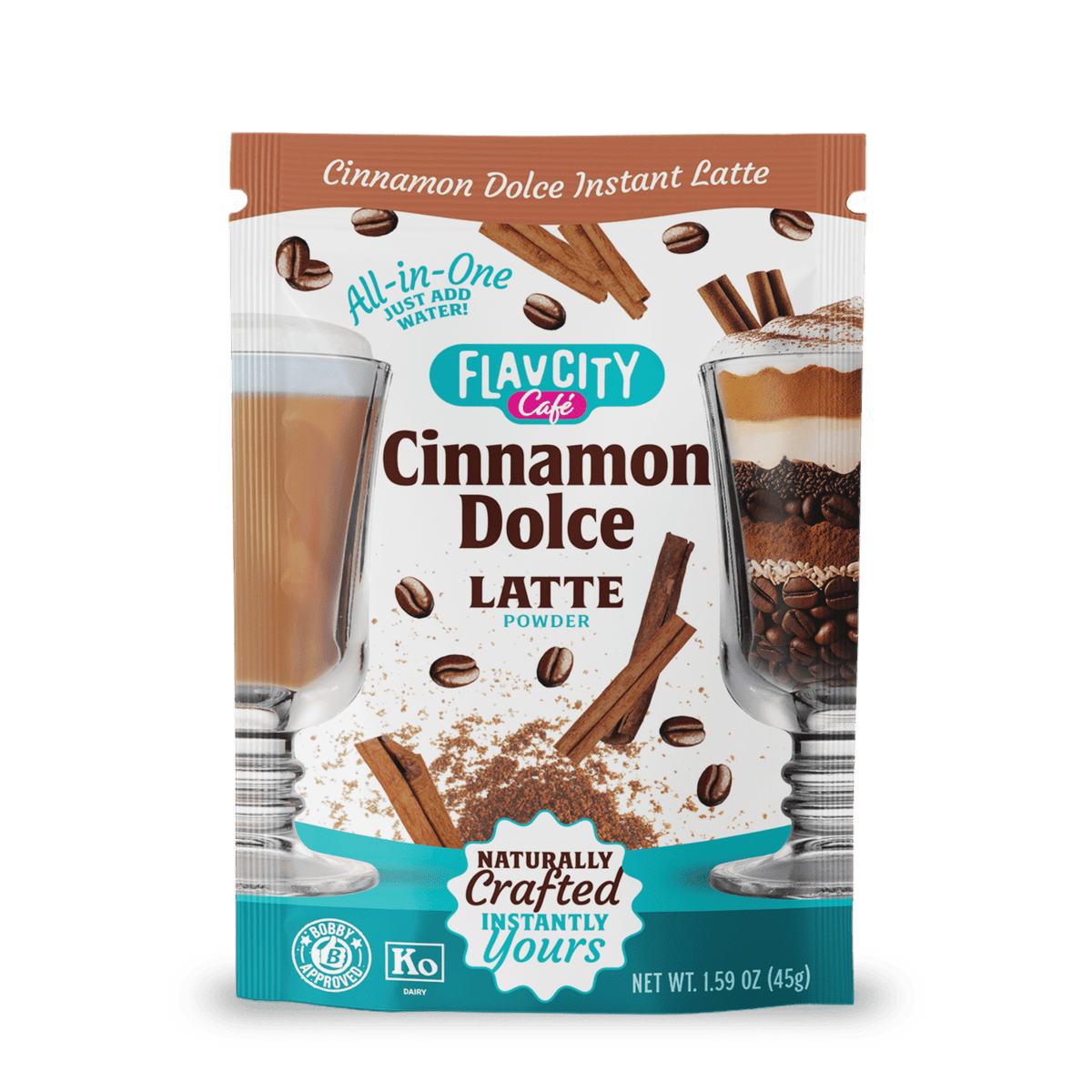 A packet of FlavCity Cafe Latte Variety Pack is shown. The packaging features single-serving packets and images of lattes, cinnamon sticks, and coffee beans, ideal for making indulgent lattes anytime.