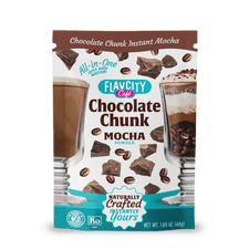 A single-serving Chocolate Chunk Mocha powder from the FlavCity Cafe Latte Variety Pack, featuring images of chocolate drinks and coffee—perfect for creating indulgent lattes anytime.