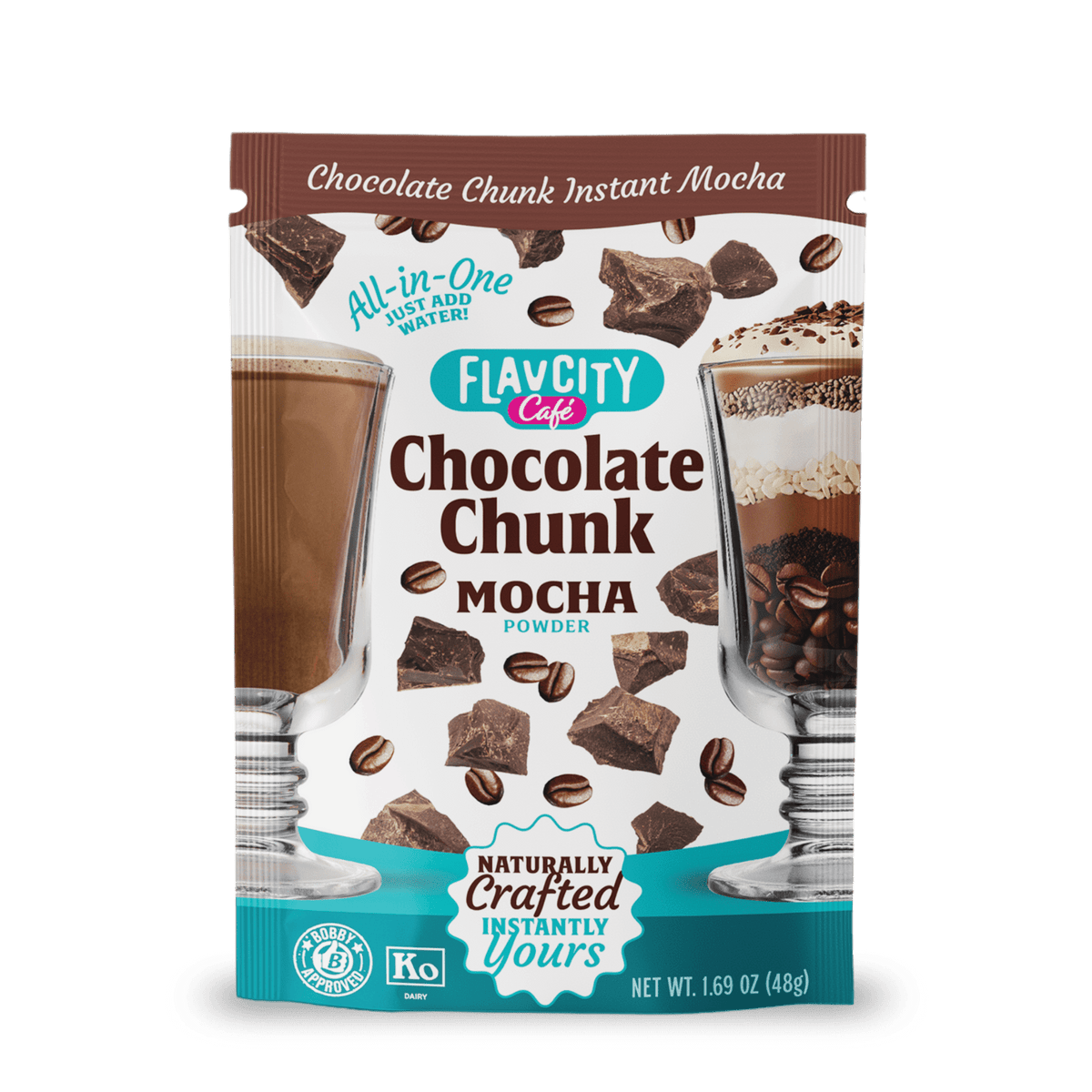 A single-serving Chocolate Chunk Mocha powder from the FlavCity Cafe Latte Variety Pack, featuring images of chocolate drinks and coffee—perfect for creating indulgent lattes anytime.