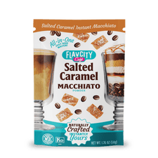 A FlavCity Café Latte Variety Pack, showcasing indulgent latte imagery—caramel, coffee beans, and macchiato—features All-in-One, Just Add Water convenience and single-serving packets for instant enjoyment.
