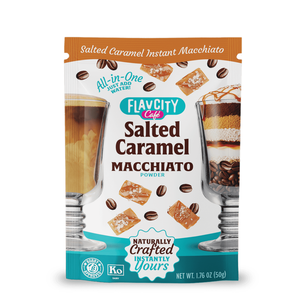 A FlavCity Café Latte Variety Pack, showcasing indulgent latte imagery—caramel, coffee beans, and macchiato—features All-in-One, Just Add Water convenience and single-serving packets for instant enjoyment.