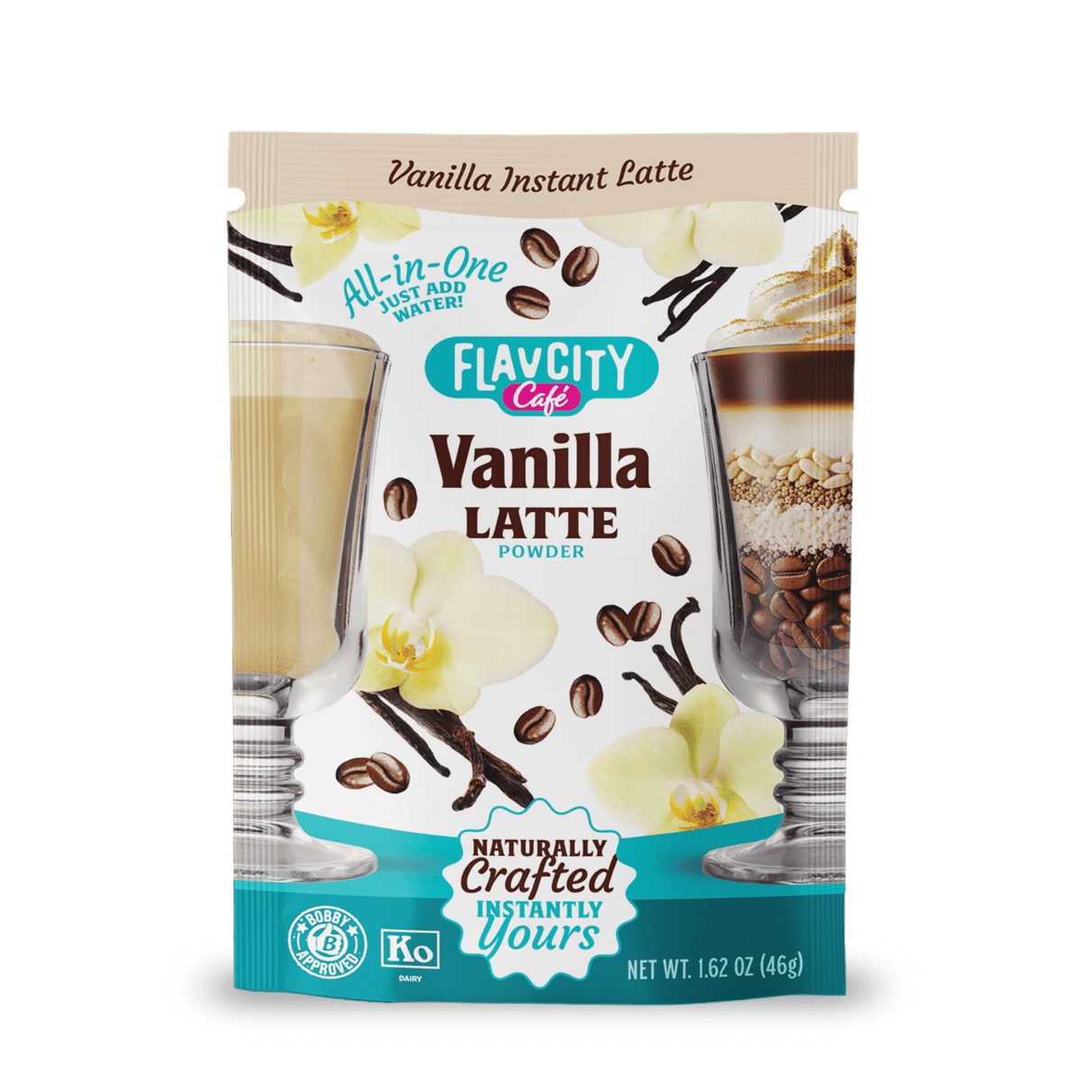 A package of FlavCity Cafe Latte Variety Pack features vanilla flowers, coffee beans, and two latte glasses. The text highlights it as an all-in-one, instant latte assortment in single-serving packets for indulgent, naturally crafted lattes.