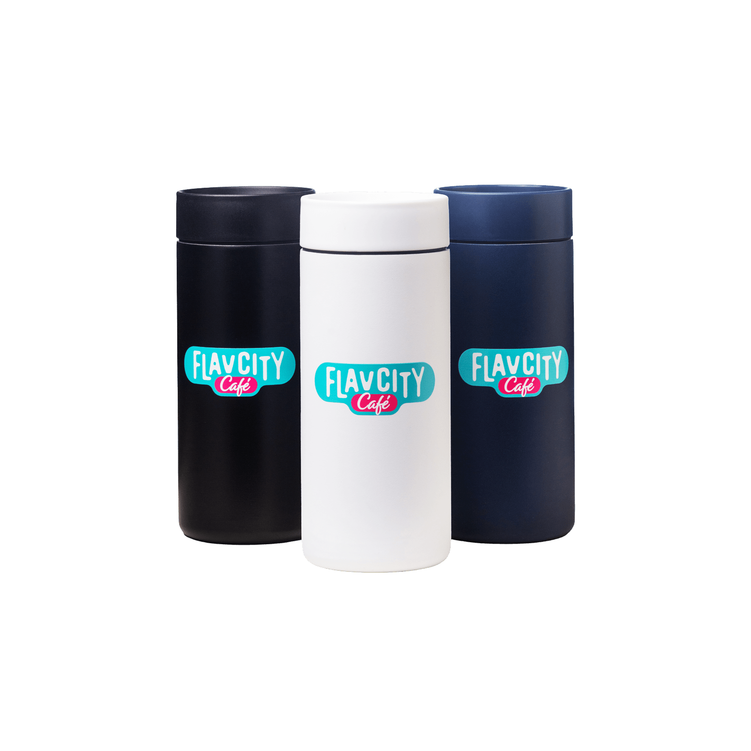 Three insulated FlavCity Cafe Hot Tumblers—two navy blue and one white—stand side by side against a crisp white background, each featuring a vibrant logo, combining stainless steel style with easy hydration.