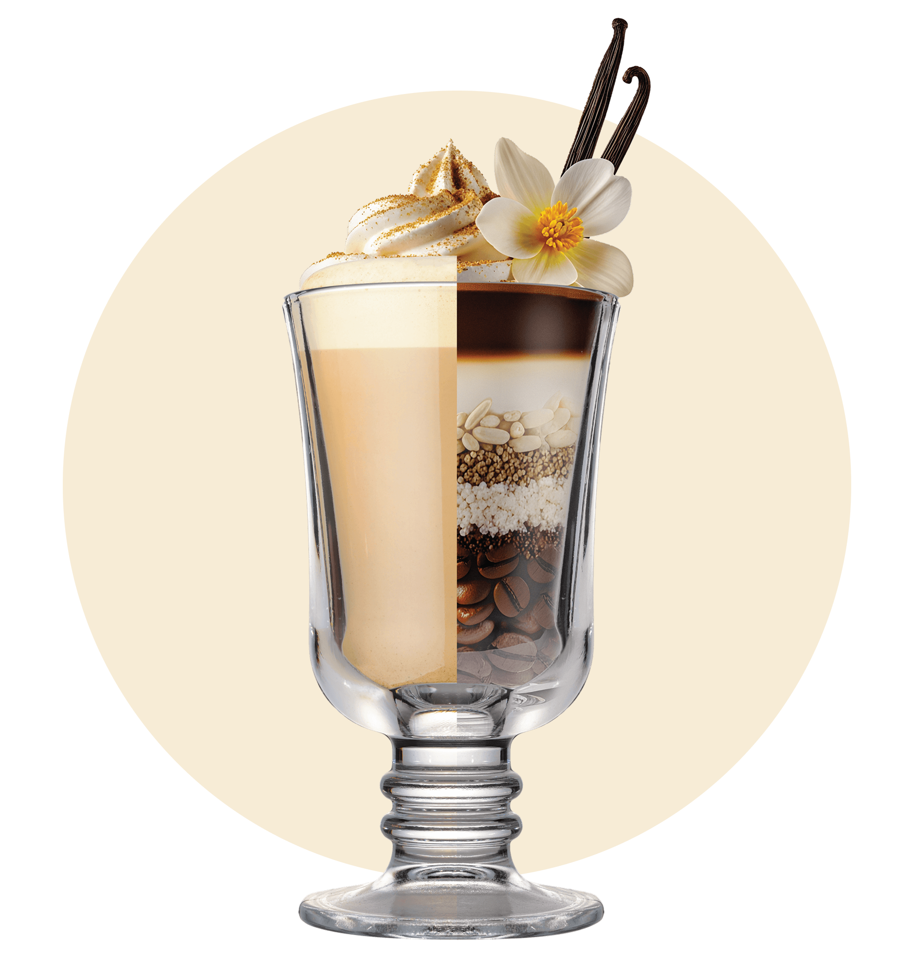 A glass dessert cup is filled half with a creamy coffee drink topped with whipped cream, and half with layered ingredients like coffee beans, sugar, chocolate, and cream, garnished with vanilla pods and a white flower.