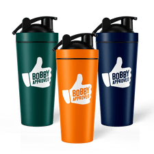 Three tumblers in green, orange, and navy with 'Bobby Approved' logo on a white background
