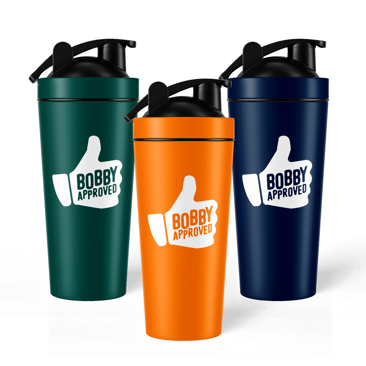 Three tumblers in green, orange, and navy with 'Bobby Approved' logo on a white background