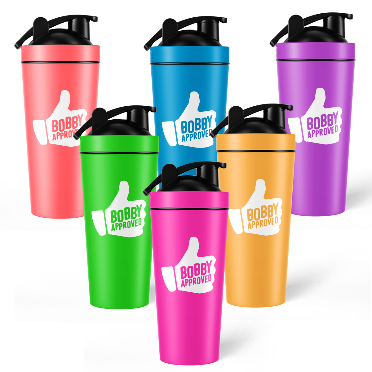 Set of six colorful shaker bottles with black lids, each featuring a white thumbs-up graphic and the text ‘Bobby Approved.’ Bottles are displayed in coral, blue, purple, green, pink, and orange colors on a white background.