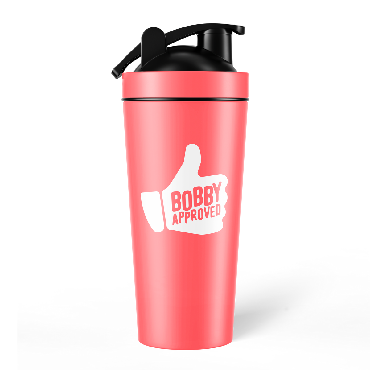 Coral-colored shaker bottle with a black lid, displaying a white thumbs-up icon and the words ‘Bobby Approved’ on the front, set against a white background