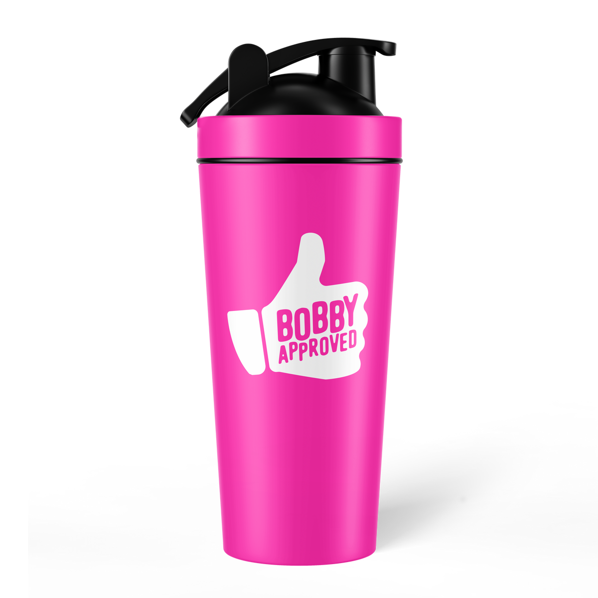 Bright pink shaker bottle with a black lid, featuring a white thumbs-up symbol and the text ‘Bobby Approved’ on the front, shown on a white background.