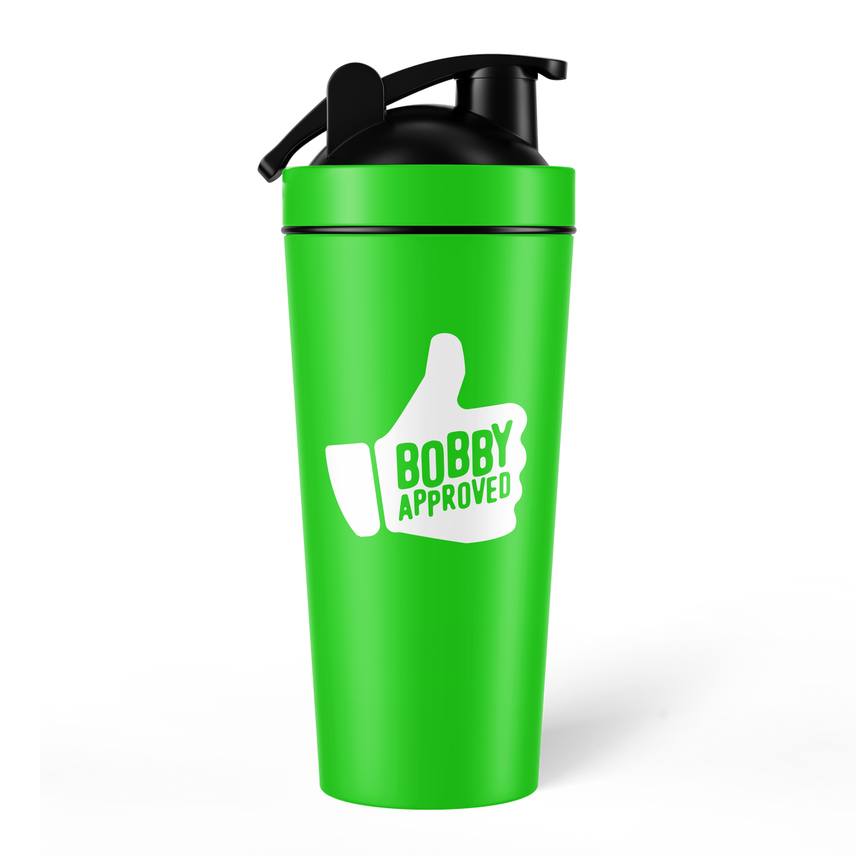 Vibrant green shaker bottle with a black lid, displaying a white thumbs-up graphic and the phrase ‘Bobby Approved’ on the front, set against a white background.