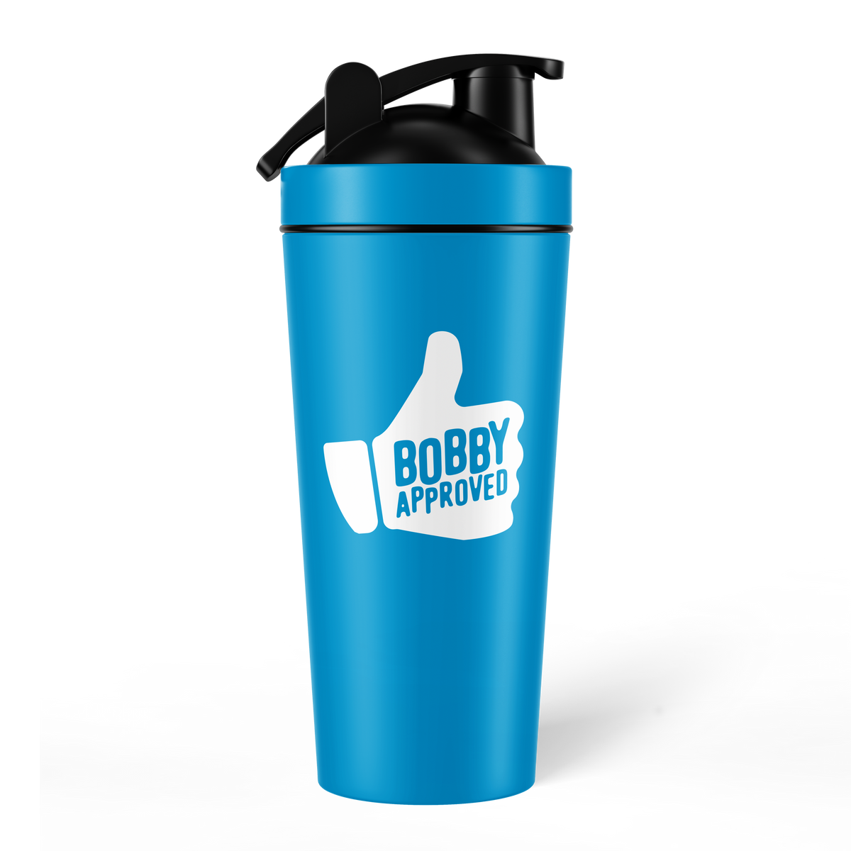Blue shaker bottle with a black lid, featuring a white thumbs-up icon and the words ‘Bobby Approved’ on the front, shown on a white background.