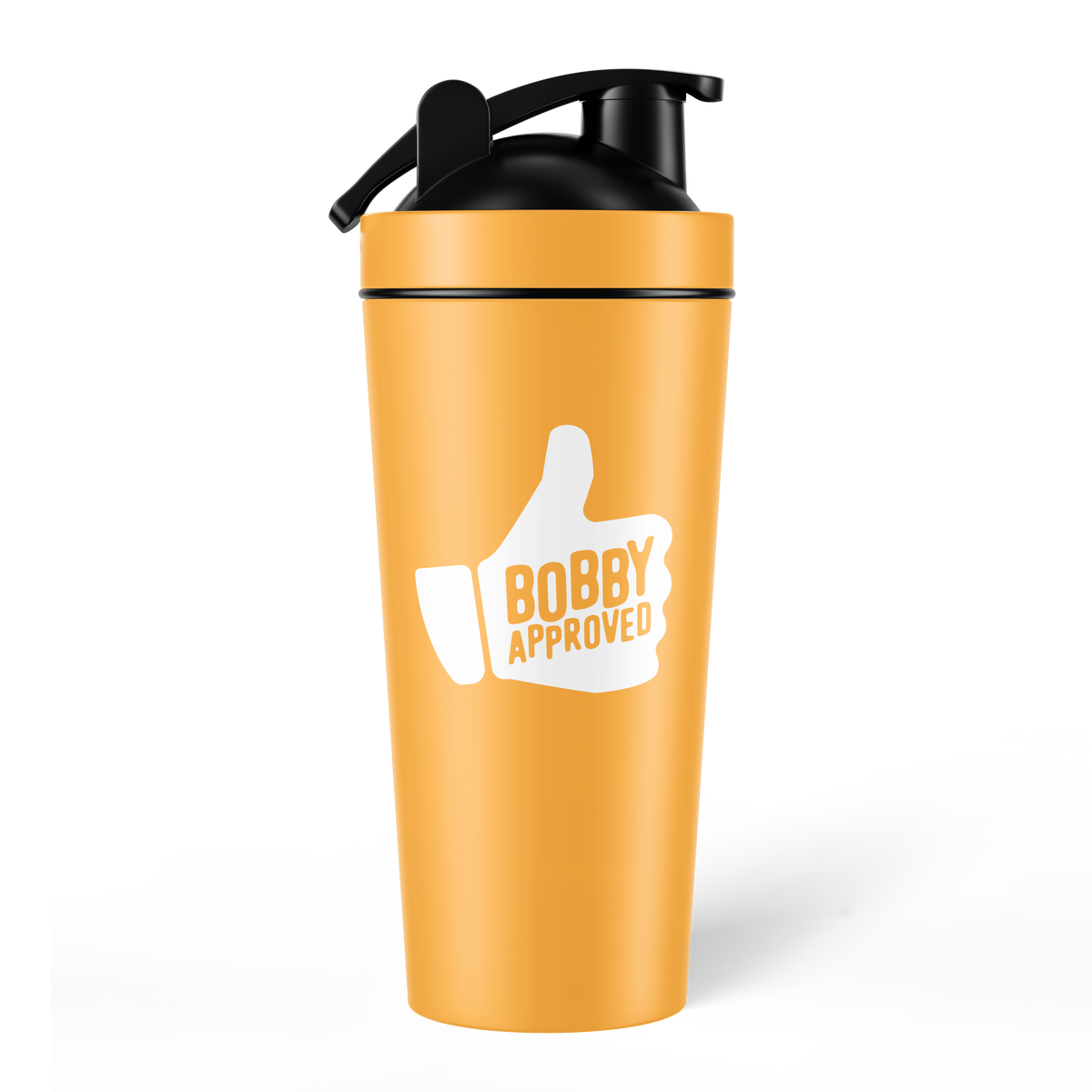 Orange shaker bottle with a black lid, displaying a white thumbs-up graphic and the text ‘Bobby Approved’ on the front, set against a white background.